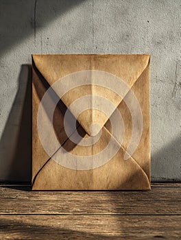 Vintage paper envelope leaning against a textured wall with sunlight shadow pattern
