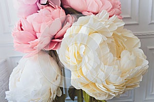 Vintage paper flowers. Pink, Blue, yellow and White flowers paper background pattern lovely style. Rose made from paper.