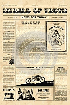 Vintage paper news, old poster template. Retro article page template, journal cover, newsprint front sheet, antique