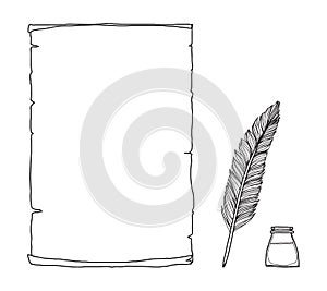 Vintage paper notebook and  feather pen hand drawn vector line art illustration