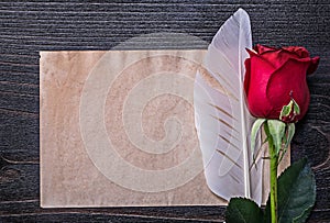 Vintage paper red natural rose plume on wooden