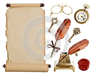 Vintage paper scroll and antique accessories