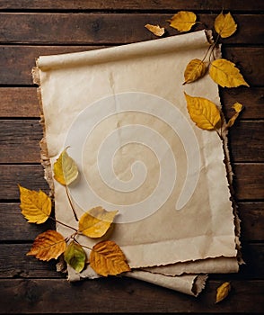 Vintage Parchment Paper on Wooden Table With Autumn Leaves, Copy Space