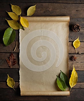 Vintage Parchment Paper on Wooden Table With Autumn Leaves, Copy Space