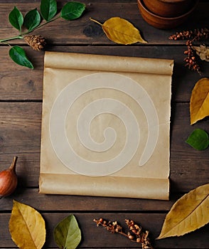 Vintage Parchment Paper on Wooden Table With Autumn Leaves, Copy Space