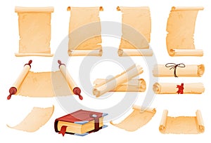 Vintage parchment scroll set vector flat illustration. Retro curled and folded document, book