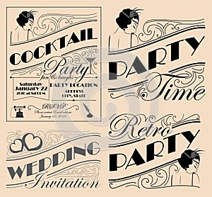 Vintage party invitation design elements for various events