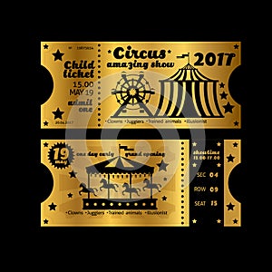 Vintage party invitation. Retro circus carnival ticket template Vector golden tickets isolated on black background