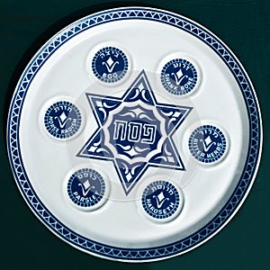 Vintage Passover Seder Plate on dark background.