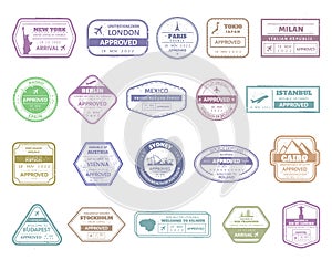Vintage passport stamp. Airport cachet mark, passport visa international arrived stamps. USA, UK, France, Italy, Japan