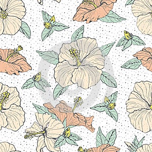 Vintage pastel seamless pattern with line art white and pink hibiscus flowers, buds and leaves, with gray outline.