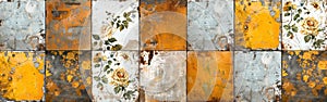 Vintage Patchwork Floral Stone Tiles Background - Worn Retro Shabby Yellow and White Ceramic Texture with Leaves Motif -