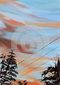 Vintage peach sky with cable wire and trees illustration. Wallpaper