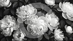 Vintage Peony Bouquet on Baroque Floral Background - Black and White Floristic Decoration for Greeting Cards and Wallpaper