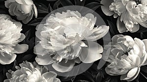 Vintage Peony Bouquet on Baroque Floral Background - Black and White Floristic Decoration for Greeting Cards and Wallpaper
