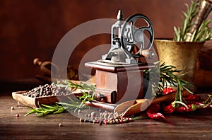 Vintage pepper mill with kitchen utensils, spices and rosemary on a old wooden table