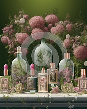 Vintage perfumes, fragrances and flowers photo