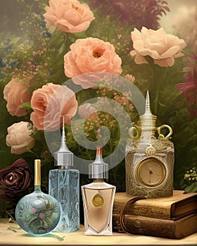 Vintage perfumes, fragrances and flowers photo