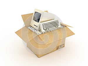 Vintage personal computer in cardboard box