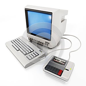 Vintage personal computer with cassette reader. 3D illustration