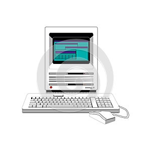 Vintage personal computer with keyboard and mouse isolated on white. Vector illustration in EPS10