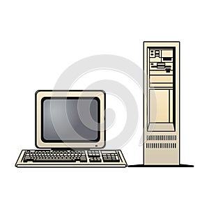 Vintage personal computer with keyboard and mouse isolated on white. Vector illustration in EPS10