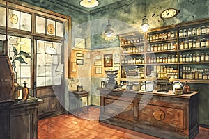 Vintage pharmacy interior with wooden shelves and apothecary jars