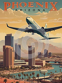 Vintage Phoenix Arizona Travel Poster with Airliner 1960s Era