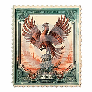 Vintage Phoenix Stamp With Realistic Anamorphic Art And Ornate Architectural Elements