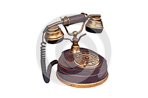 Vintage phone with a large dial, close-up, isolated on a white backgrou