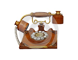 Vintage phone, Wooden telephone isolated on white background. Communication and Old technology in retro style.