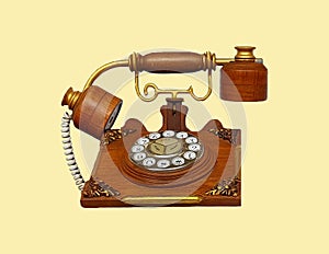 Vintage phone, Wooden telephone isolated on yellow pastel color background with clipping path.