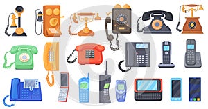 Vintage phones and smartphones. First telephone, old cellphone or modern smartphone set, call communication invention