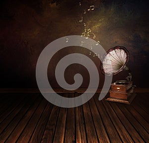 Vintage phonograph on Art abstract background