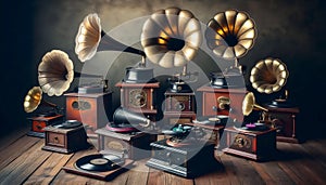 Vintage phonograph collection, Ai generated image