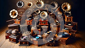 Vintage phonograph collection, Ai generated image