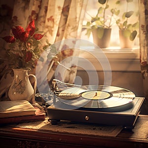 Vintage Phonograph Playing Vinyl Record