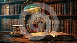 Vintage photo. Antique library charm: Wooden shelves, round spectacles on a book, and steaming tea captured in one image