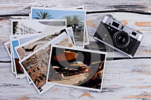 Vintage photo camera and summer resort photos.