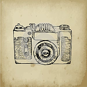 Vintage photo camera vector sketch illustration. Hand draw retro photographer camera on old paper background.