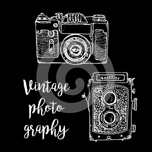 Vintage photo camera vector sketch illustration. Hand draw retro photographer camera white chalk on black board