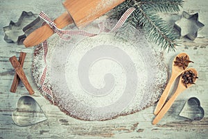 Vintage photo, Dough for Christmas cookies, spice and ingredient for baking gingerbread