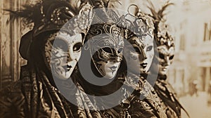 Vintage photo of four girls standing near the entrance to a casino, their faces hidden behind Venetian masks