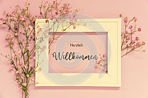 Vintage Photo Frame With Flower Arrangement, Herzlich Willkommen Means Welcome