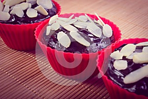 Vintage photo, Fresh baked chocolate muffins with sliced almonds