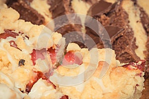 Vintage photo, Fresh baked yeast cake with crumble and marble cake with cocoa