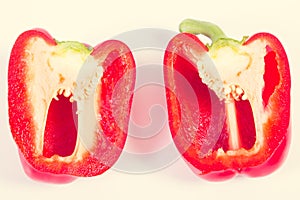 Vintage photo, Fresh red peppers lying on white background, healthy nutrition concept