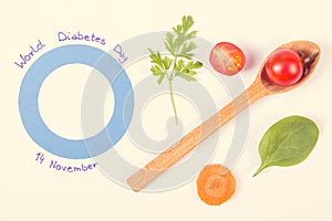 Vintage photo, Blue circle as symbol of world diabetes day and vegetables, healthy nutrition during disease