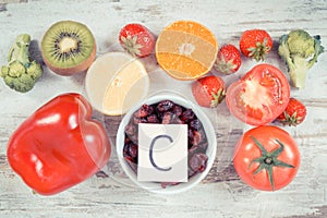 Vintage photo, Fruits and vegetables as sources vitamin C, dietary fiber and minerals, strengthening immunity concept