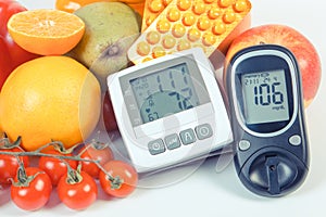 Vintage photo, Glucometer, blood pressure monitor, fruits with vegetables and medical pills, healthy lifestyle